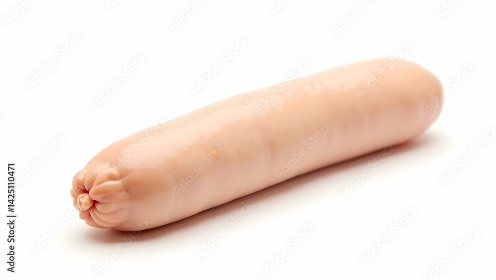 Poster high resolution close up of a pale sausage on a white background, showing the smooth casing and text