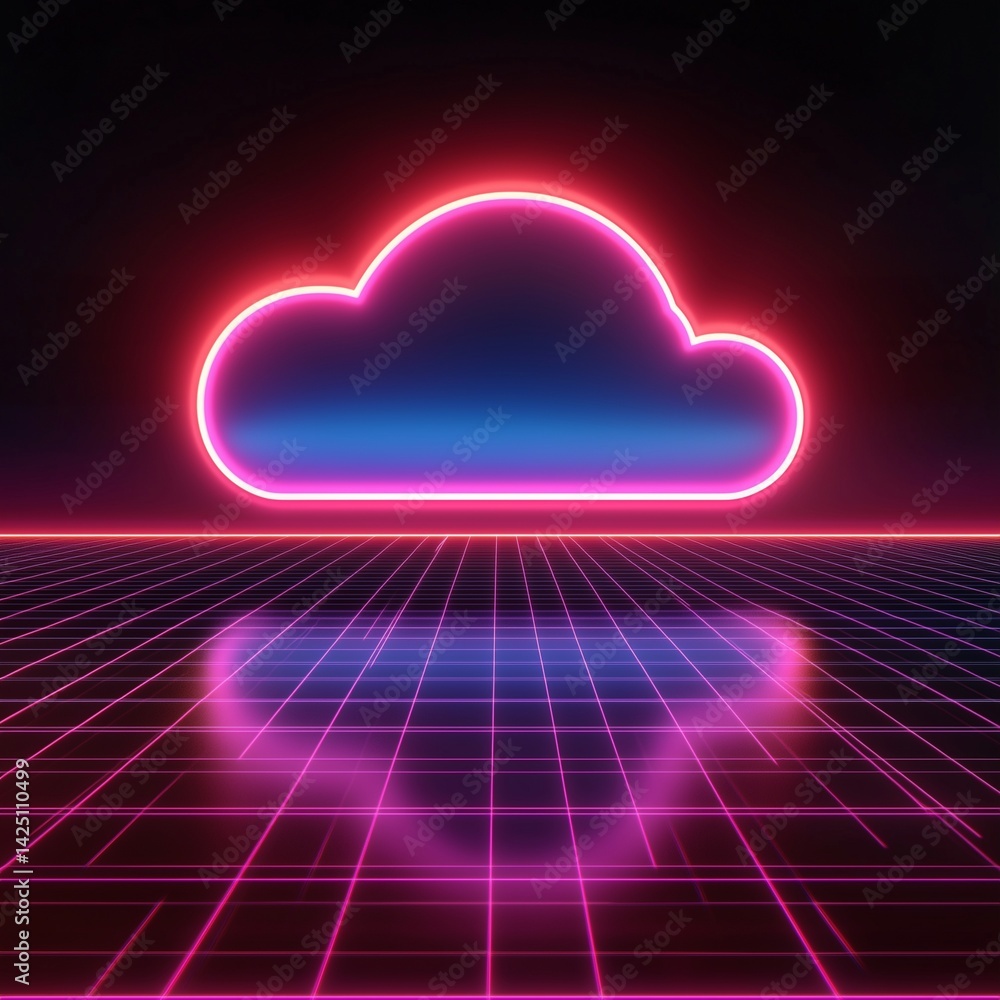 Poster neon cloud computing: a futuristic digital rendering showcases a vibrant neon cloud, perfectly refle