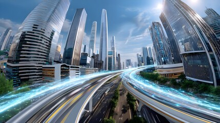 Fototapeta premium Futuristic City Highway with Light Trails - Futuristic Cityscapes: .