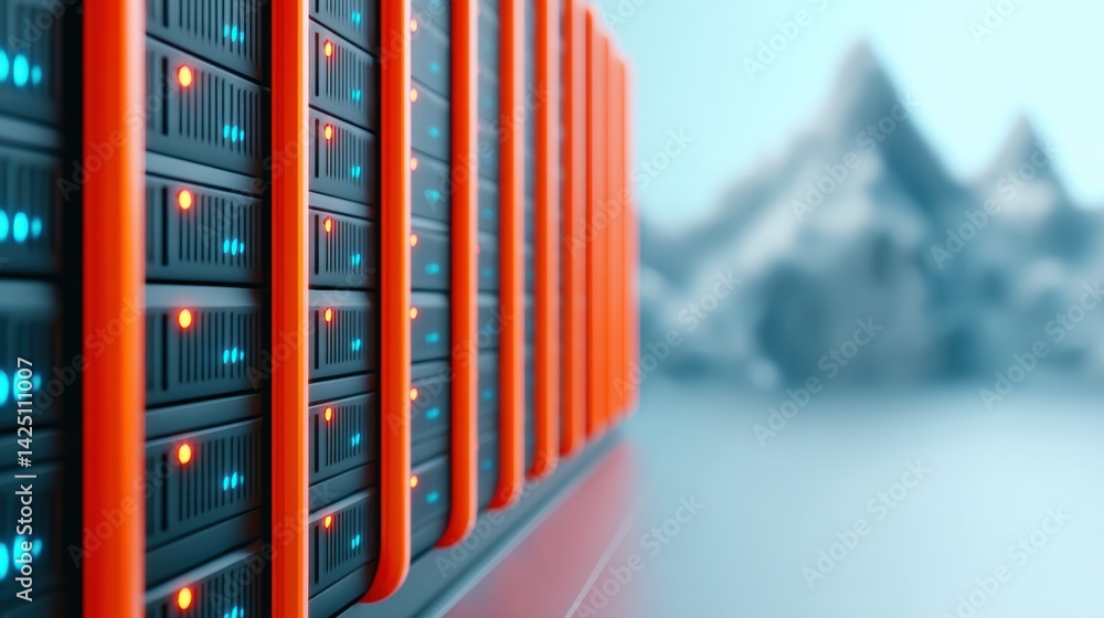Poster a close-up of a data server with illuminated indicators, set against a blurred mountain backdrop, hi