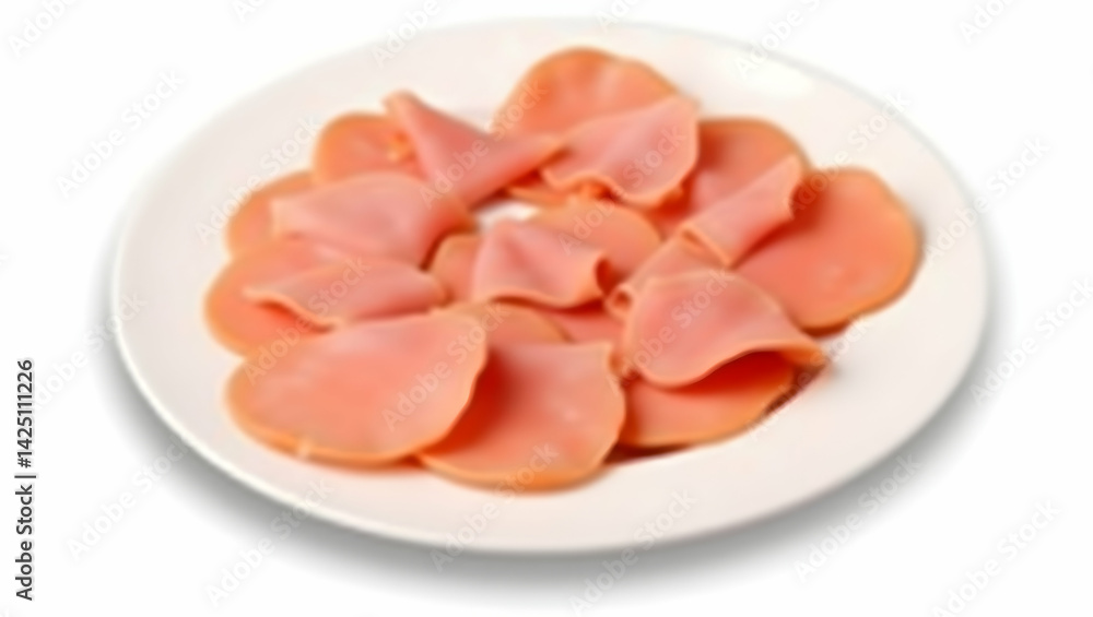 Poster high-resolution isolated photo of sliced ham rounds on a white plate displaying an appetizing array 