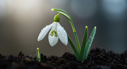 Dew-Kissed Snowdrop Emerging from Dark Soil, Springtime Bloom