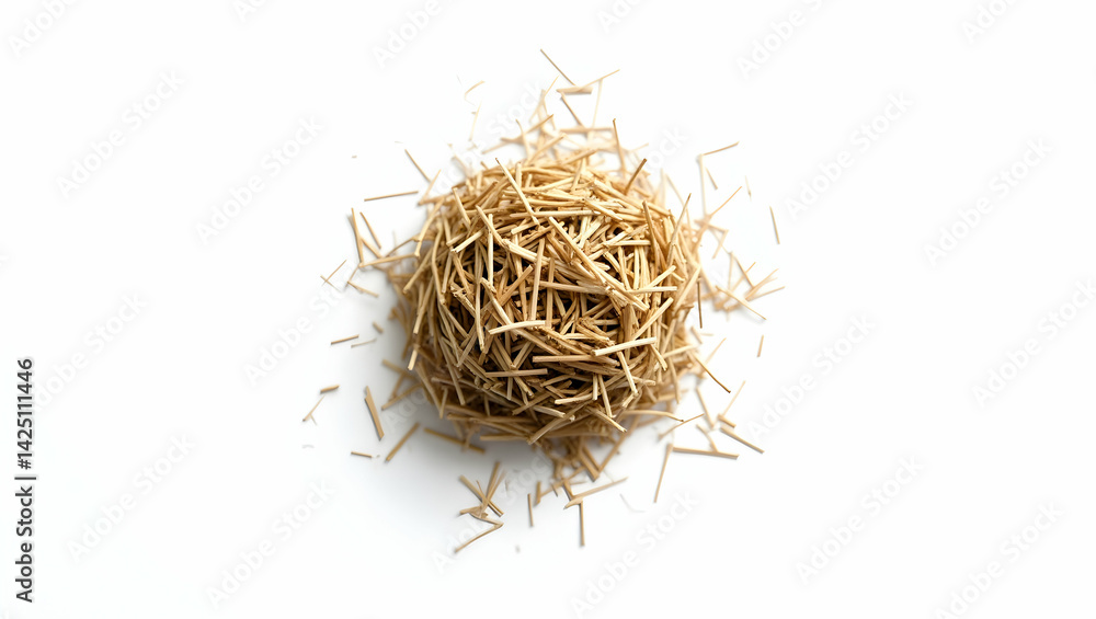 Poster high-resolution top-down view of a small haystack on a white surface, highlighting the texture and d