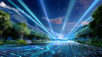 Futuristic Nature: Laser Grid Path - Metaverse/Virtual Worlds