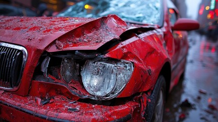 Crimson Wreck A cars brutal collision shattered glass mangled metal on a rainy street reflecting city lights