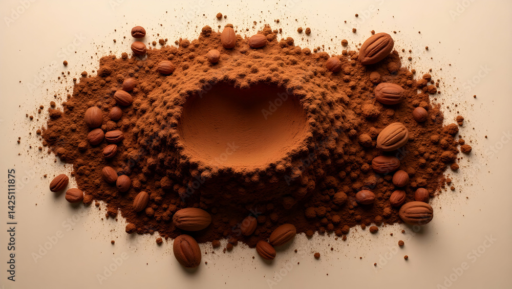 Aufkleber high-resolution top-down view of fine cocoa powder and seeds, ideal for showcasing textures and culi
