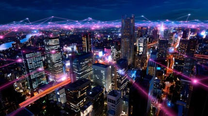 Obraz premium Smart City Night - Network Connections - Smart Cities