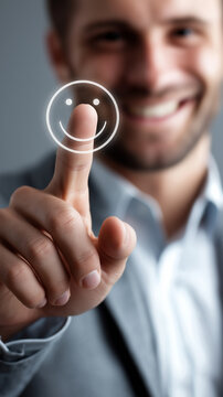 A happy businessman confidently selects a smiling face icon, signifying customer satisfaction and positive feedback, with a shallow depth of field.