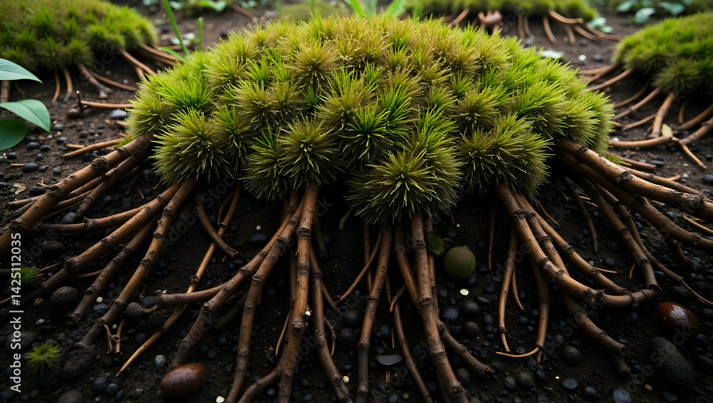 Poster high-resolution top-down view of forest soil with moss and root system, an intricate ecosystem depic