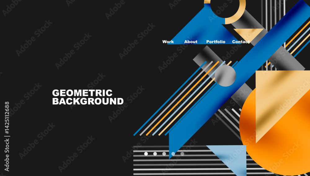 Poster abstract geometric design features vibrant blue, orange, gray shapes over dark background. text read
