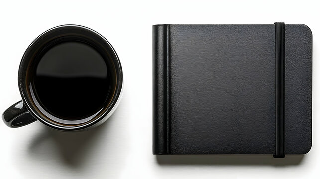 Black coffee mug and closed notebook on white background, ideal for productivity or break-time visuals