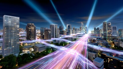 Futuristic Cityscape: Digital Network Glow - Futuristic Technology