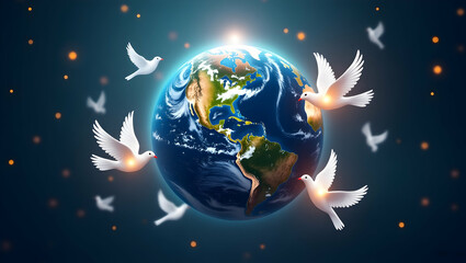 Naklejka premium Illustrative depiction showcasing Earth encircled by flying doves symbolizing global peace and harmony with glowing orbs enhancing the artistic composition
