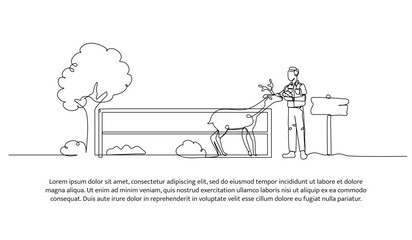Fototapeta premium Continuous one line design of wildlife rescue volunteer feeding deer. Minimalist style vector illustration on white background.
