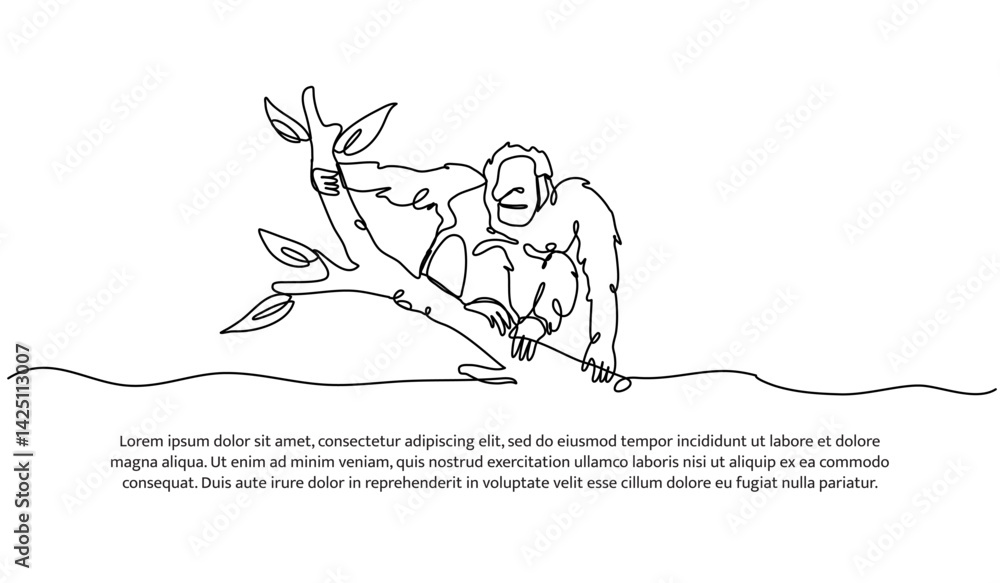 Aufkleber continuous one line design of an orangutan on a branch. minimalist style vector illustration on whit