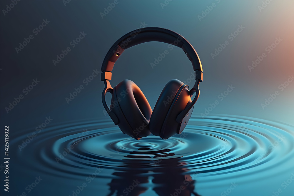 Poster immersive audio experience featuring a floating headset with rippling waves, enhancing the visual re
