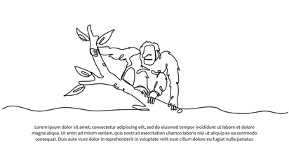 Continuous one line design of an orangutan on a branch. Minimalist style vector illustration on white background.