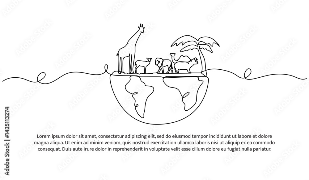 Poster continuous one line design of animals on a globe. minimalist style vector illustration on white back
