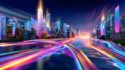 Fototapeta premium Futuristic Cityscape at Night, Neon Lights - Futurism