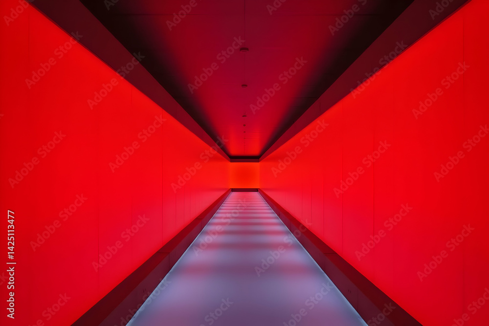 Poster immersive experience in a fluorescent corridor, endless red walls and soft lighting creating a sense