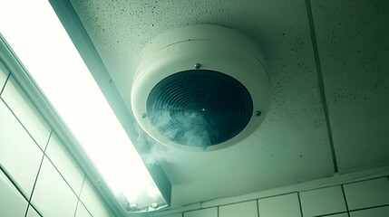 Smoke detector testing in tiled bathroom ceiling with fluorescent light