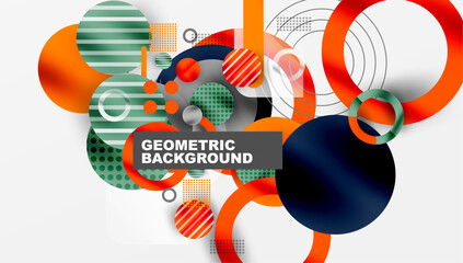 Fototapeta premium Abstract geometric composition. Overlapping circles, squares, lines create dynamic visual effect. Orange, navy, green hues dominate design. Modern aesthetic.