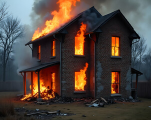 Inferno Consumes a Brick House, A Dramatic Depiction of Destruction with Shattered Glass and Collapsing Structures Amidst a Fiery Catastrophe