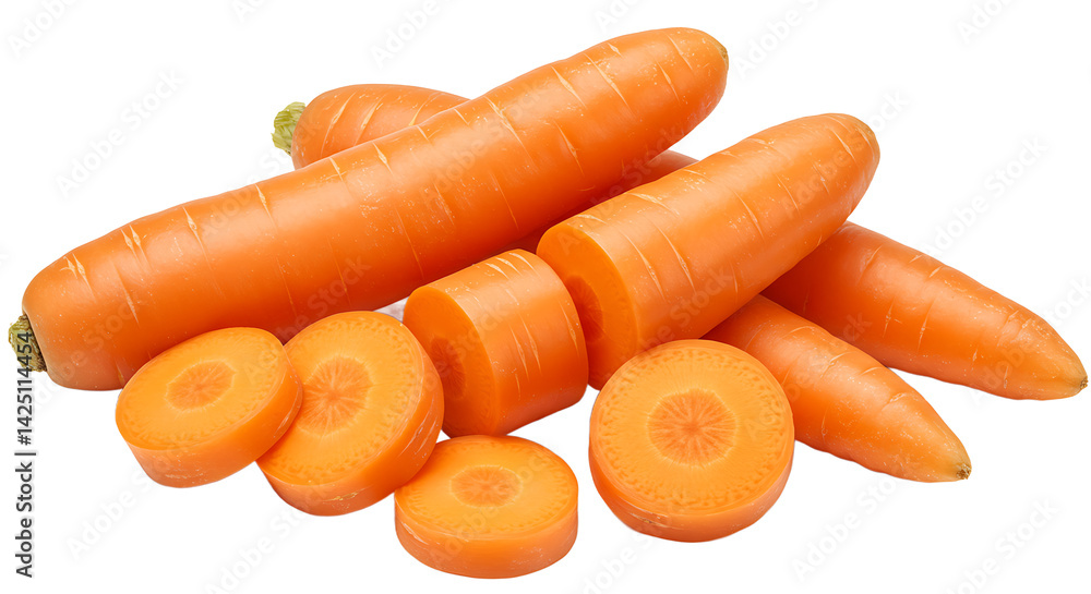 Poster a close up view of several fresh carrots with some sliced into round pieces on a black background