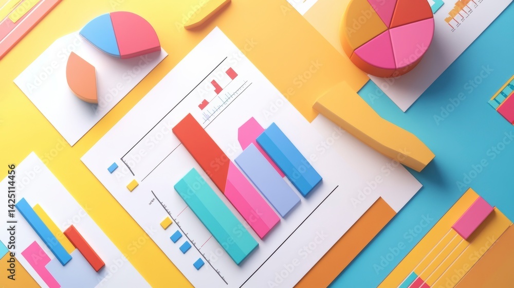 Poster colorful 3d charts and graphs on yellow background.