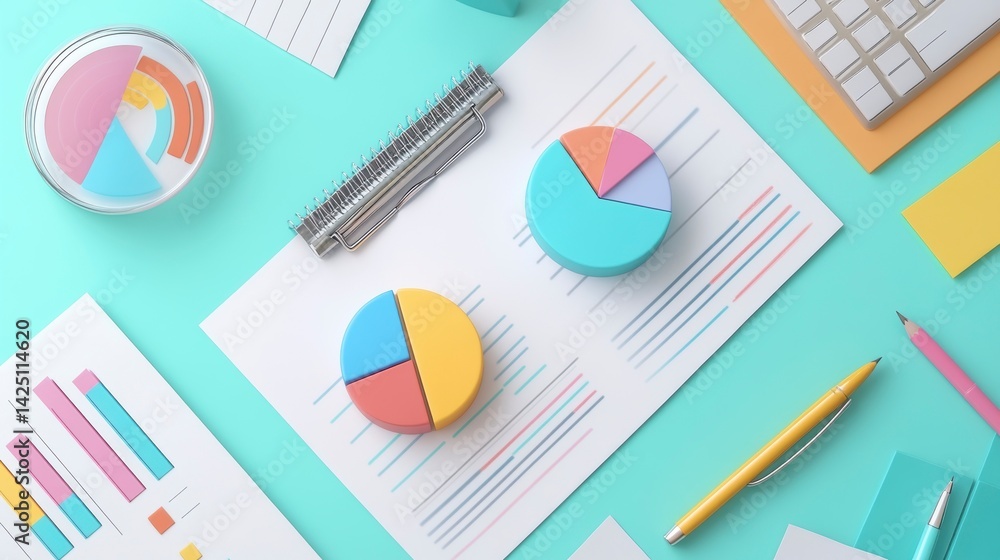 Poster pastel-colored pie charts and bar graphs on teal background with office supplies.