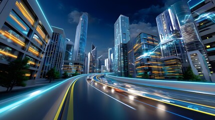 Obraz premium Futuristic City Highway at Night - Futuristic and Sci-Fi themes