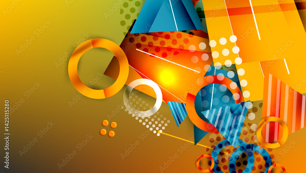 Poster Abstract geometric composition. Vibrant shapes overlap, creating dynamic visual texture. Orange, blue, yellow hues dominate design. Modern, colorful background.
