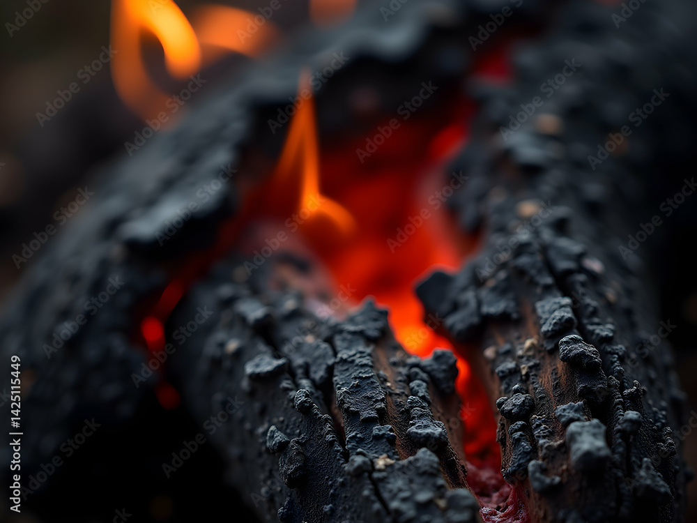 Poster intense macro, charred tree bark ablaze with fiery glow captures the essence of destruction and rebi