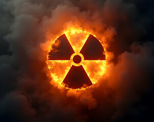 Intense radiation warning symbol engulfed in vibrant flames and smoke, conveying danger, energy, and the powerful impact of nuclear processes and hazard
