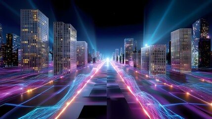 Fototapeta premium Futuristic Cityscape: Smart Road at Night - Futuristic technology