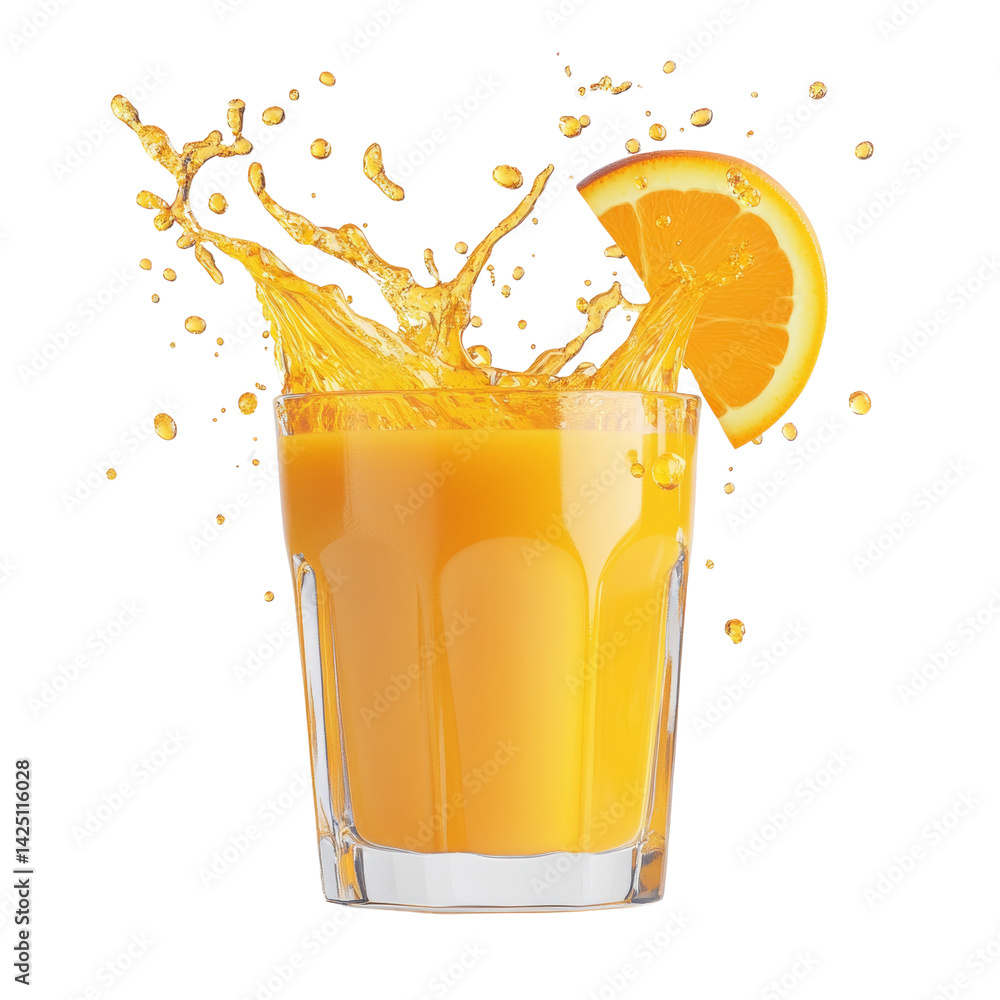 Poster a refreshing burst: vibrant orange juice splashing against a dark backdrop scene