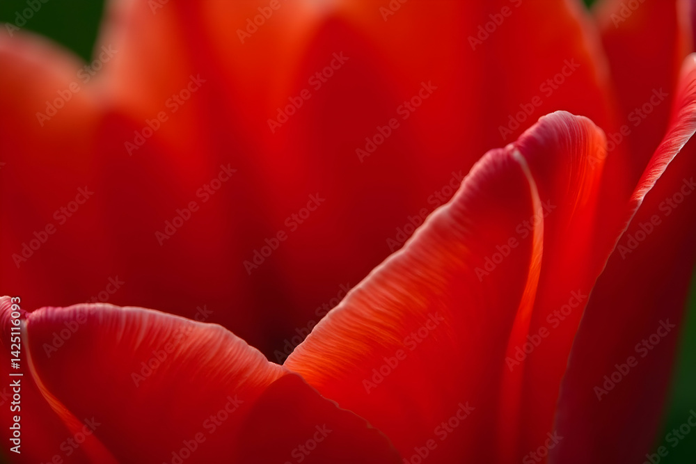 Poster intimate macro view of a deep red tulip, exploring the delicate texture and vibrant color of petal e