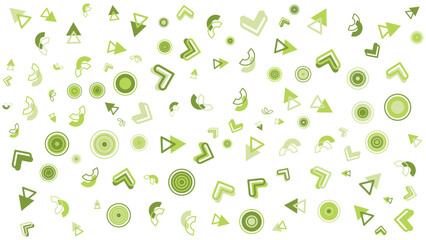 Pattern of green circles, triangles, and arrows. Suitable for backgrounds, prints, textiles, and digital designs with a modern touch.
