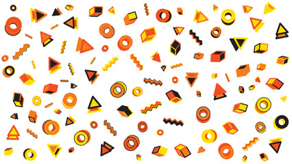 Pattern of yellow orange and black geometric shapes on a white background. Suitable for backgrounds, textile prints, packaging designs, and digital wallpapers.