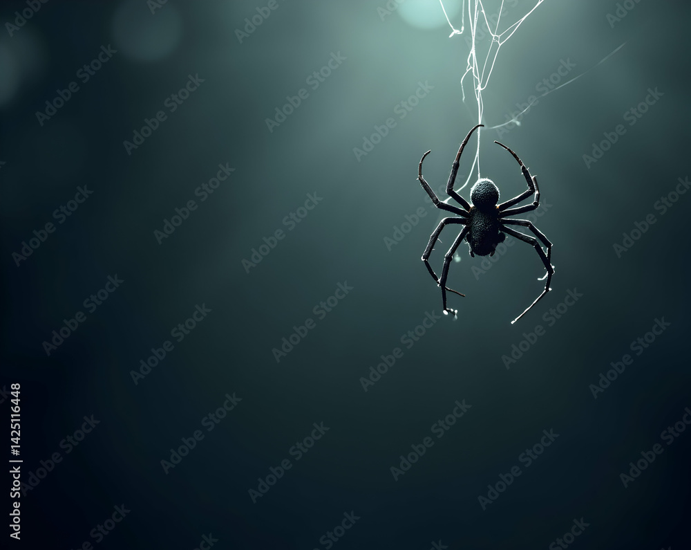 Poster intricate arachnid artistry a stylized spider descending from a delicate web bathed in ethereal ligh