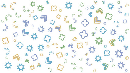 Pattern of colorful shapes and stars on a white background suitable for backgrounds, digital design, cards, packaging, textiles, and stationery.