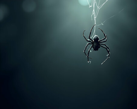 Intricate arachnid artistry a stylized spider descending from a delicate web bathed in ethereal light creating a captivating contrast of shadow and luminescence