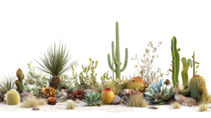 Varied desert plants composition showcases arid zone flora with contrasting shapes