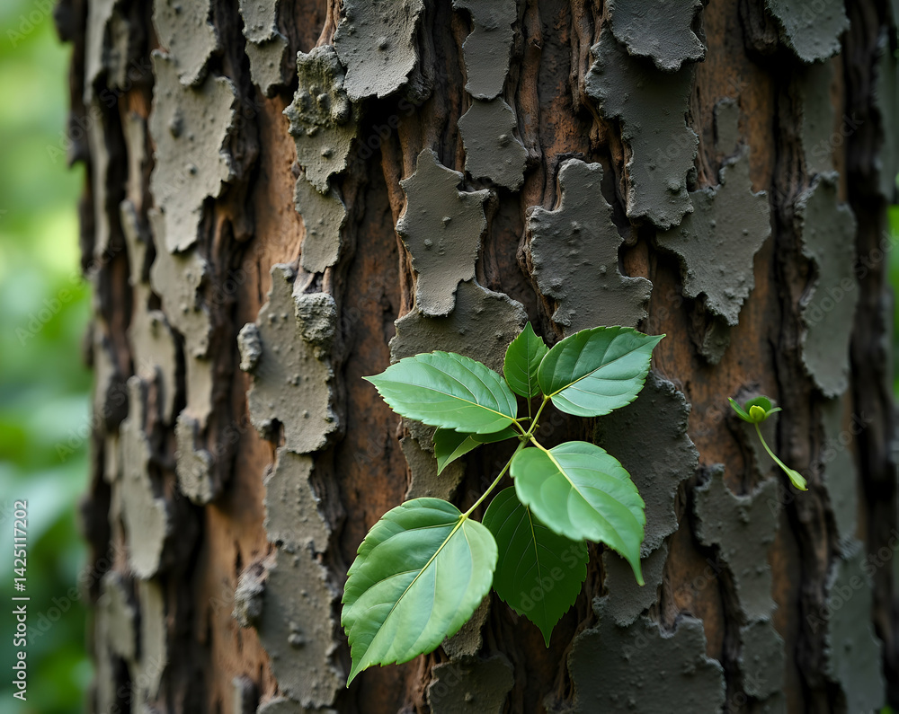 Aufkleber intricate patterns of tree bark and vibrant green leaves create a captivating natural texture perfec