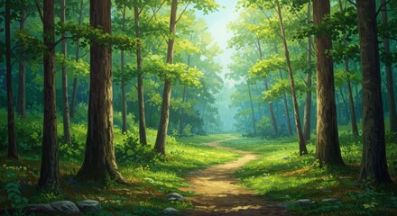 Obraz premium Forest Path Illustration with Green Trees and Sunlight