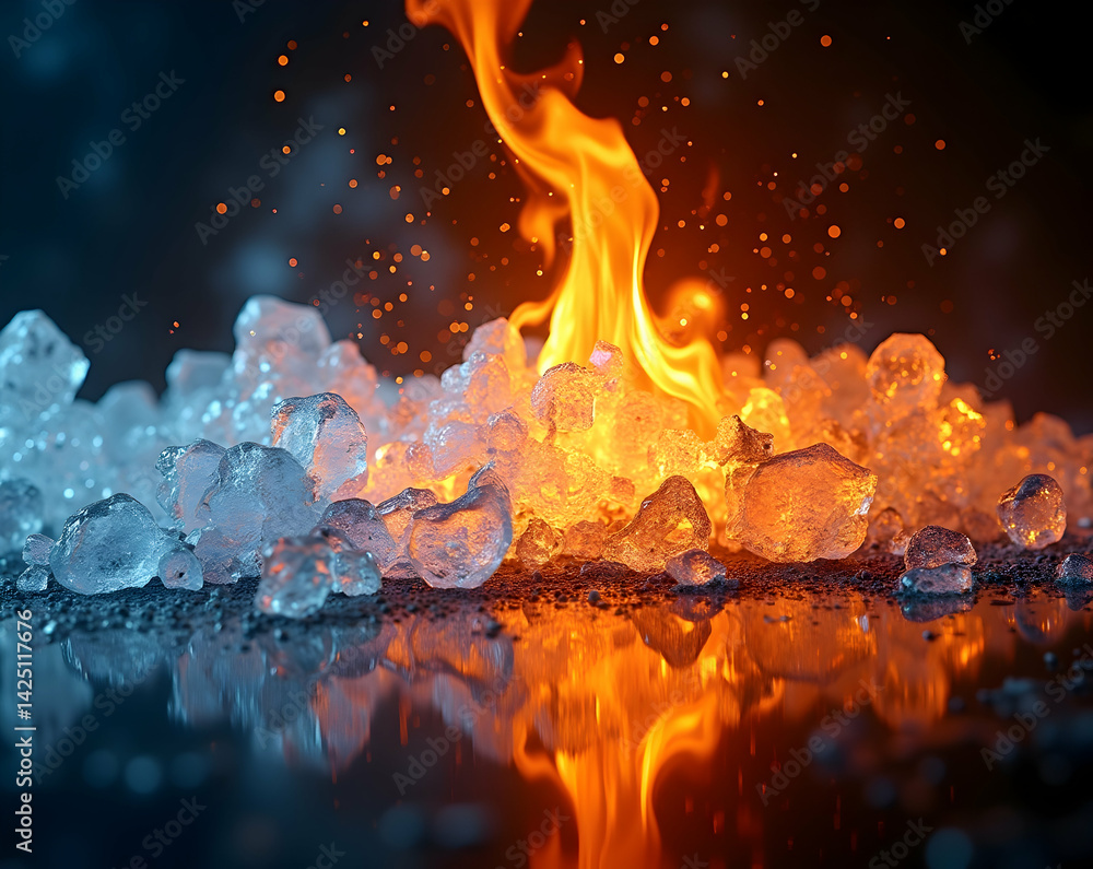 Poster intriguing juxtaposition of fire and ice with dynamic dual tone flames transitioning, capturing the 