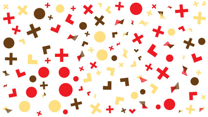 Collection of circles, crosses, and right angles in red, yellow, and brown colors. Perfect for abstract background or geometric designs.