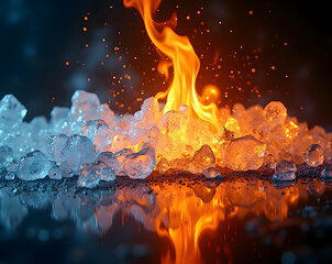 Intriguing juxtaposition of fire and ice with dynamic dual tone flames transitioning, capturing the delicate equilibrium between contrasting elements, a captivating play of opposites