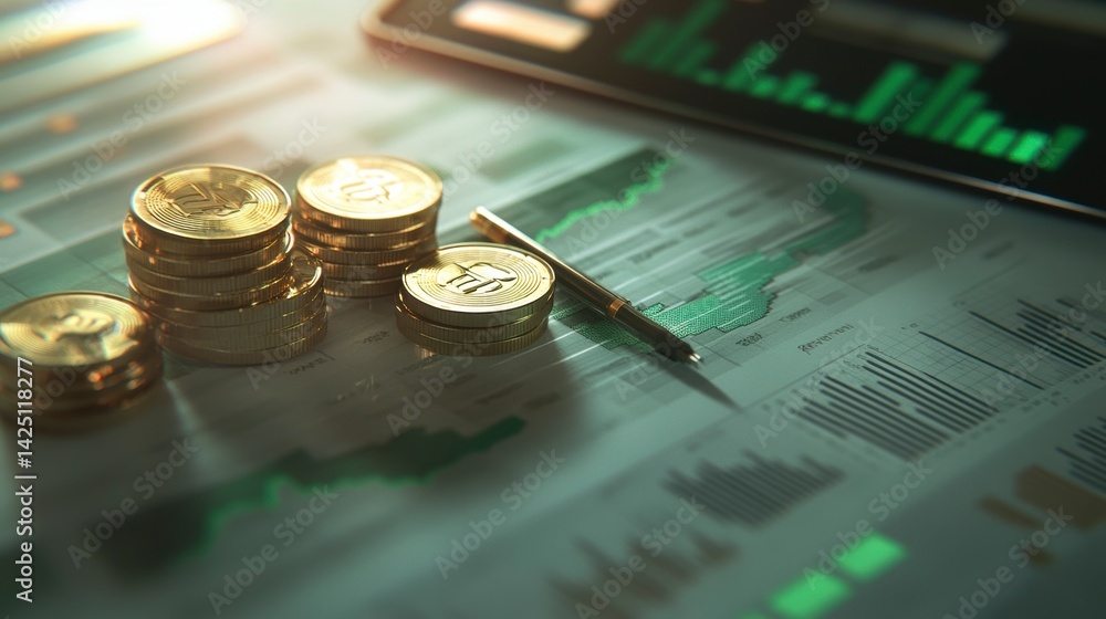 Poster golden coins stacked on financial charts & tablet showing graphs.