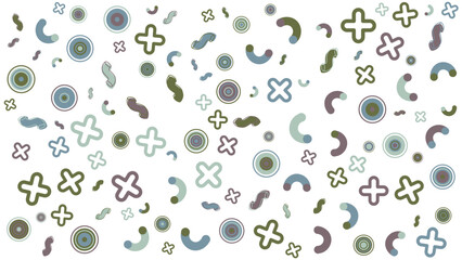 Pattern of plus signs, circles, and curved shapes. Perfect for modern designs, graphic backgrounds, textile prints, or abstract concepts.